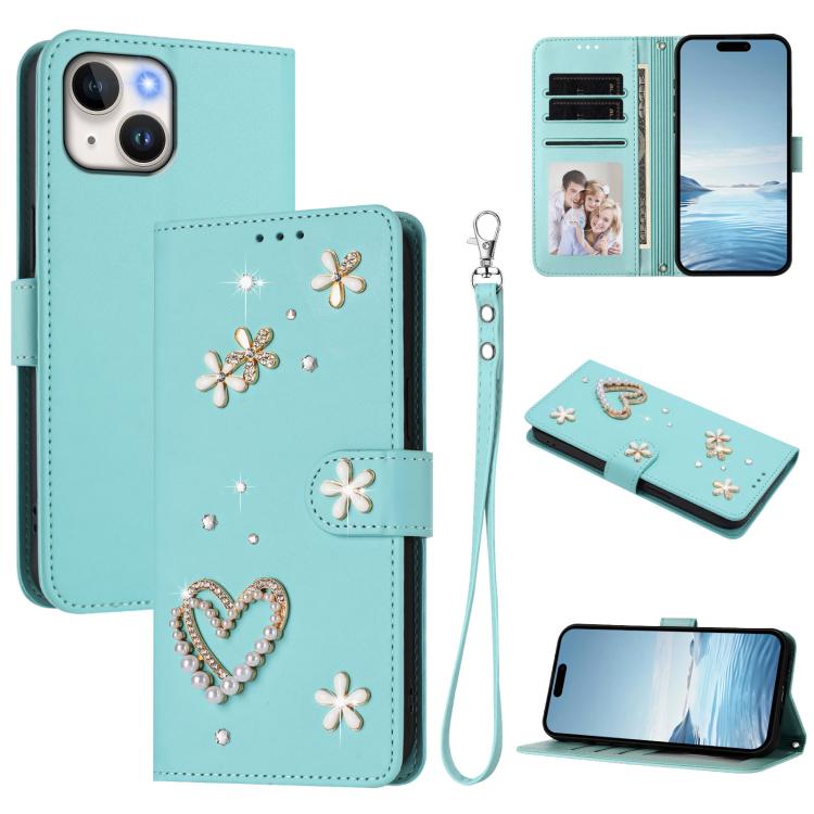 Funda para teléfono ZS01 de doble capa con diseño floral en forma de corazón y correa para la muñeca., For iPhone 15, For iPhone 14 Plus, For iPhone 14 / 13, For iPhone 14 Pro, For iPhone 14 Pro Max, For iPhone 13 Pro Max