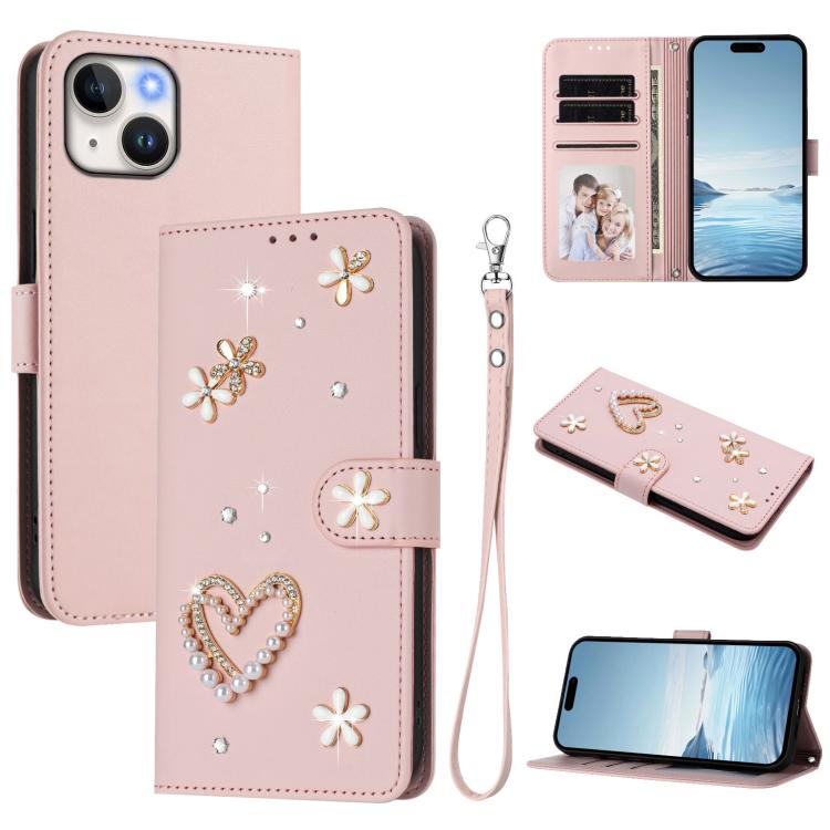 Funda para teléfono ZS01 de doble capa con diseño floral en forma de corazón y correa para la muñeca., For iPhone 15, For iPhone 14 Plus, For iPhone 14 / 13, For iPhone 14 Pro, For iPhone 14 Pro Max, For iPhone 13 Pro Max
