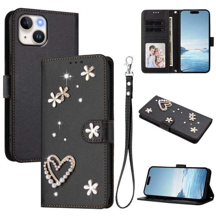 Funda para teléfono ZS01 de doble capa con diseño floral en forma de corazón y correa para la muñeca., For iPhone 15, For iPhone 14 Plus, For iPhone 14 / 13, For iPhone 14 Pro, For iPhone 14 Pro Max, For iPhone 13 Pro Max