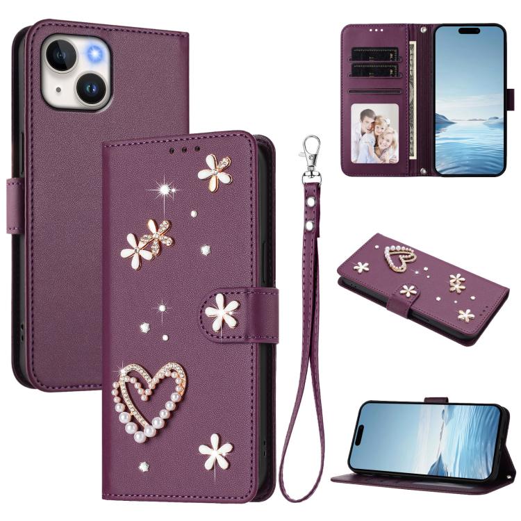 Funda para teléfono ZS01 de doble capa con diseño floral en forma de corazón y correa para la muñeca., For iPhone 15, For iPhone 14 Plus, For iPhone 14 / 13, For iPhone 14 Pro, For iPhone 14 Pro Max, For iPhone 13 Pro Max