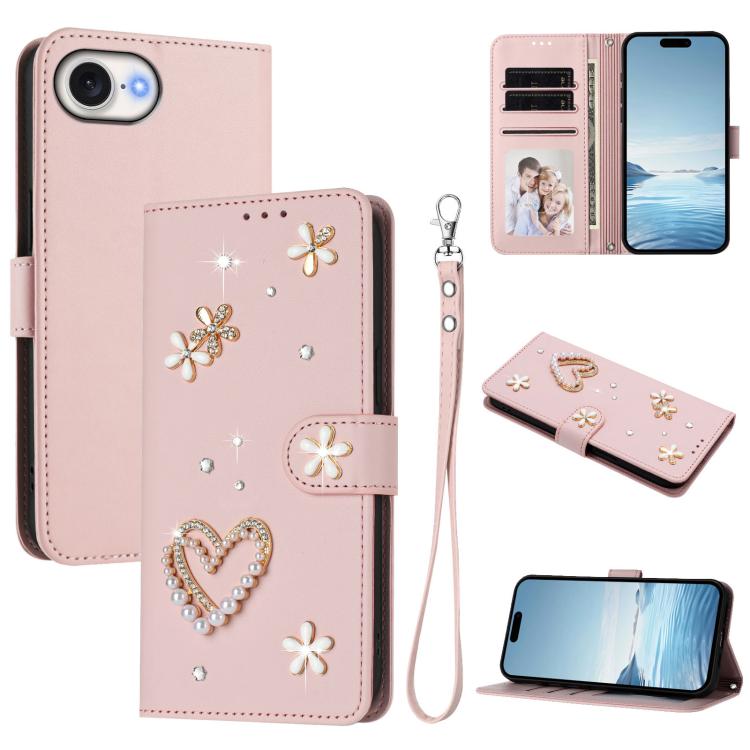 Funda para teléfono ZS01 de doble capa con diseño floral en forma de corazón y correa para la muñeca., For iPhone 18 Pro / 17 Pro, For iPhone 18 Pro Max / 17 Pro Max, For iPhone 17e / 16e, For iPhone 17, For iPhone Air, For iPhone 16 Pro Max