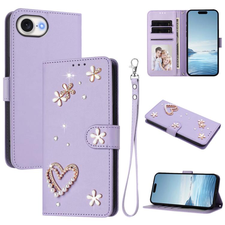 Funda para teléfono ZS01 de doble capa con diseño floral en forma de corazón y correa para la muñeca., For iPhone 18 Pro / 17 Pro, For iPhone 18 Pro Max / 17 Pro Max, For iPhone 17e / 16e, For iPhone 17, For iPhone Air, For iPhone 16 Pro Max