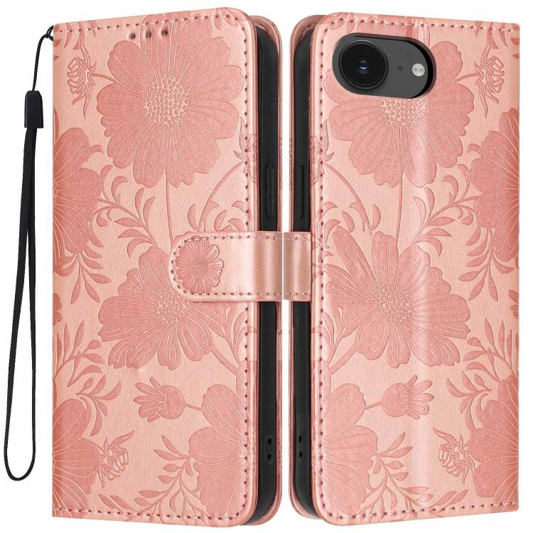 Funda de cuero para teléfono con relieve de girasol y cuerda negra pequeña, For iPhone 18 Pro, For iPhone 18 Pro Max, For iPhone 16e / 17e, For iPhone 17 Pro Max, For iPhone 17 Pro, For iPhone 17, For iPhone Air, For iPhone 16 Pro Max