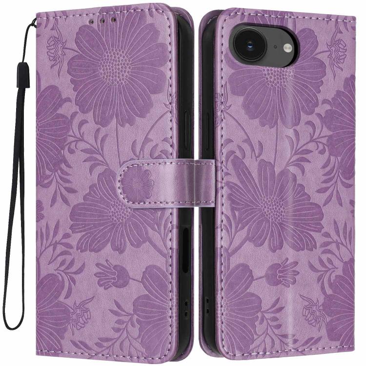 Funda de cuero para teléfono con relieve de girasol y cuerda negra pequeña, For iPhone 18 Pro, For iPhone 18 Pro Max, For iPhone 16e / 17e, For iPhone 17 Pro Max, For iPhone 17 Pro, For iPhone 17, For iPhone Air, For iPhone 16 Pro Max