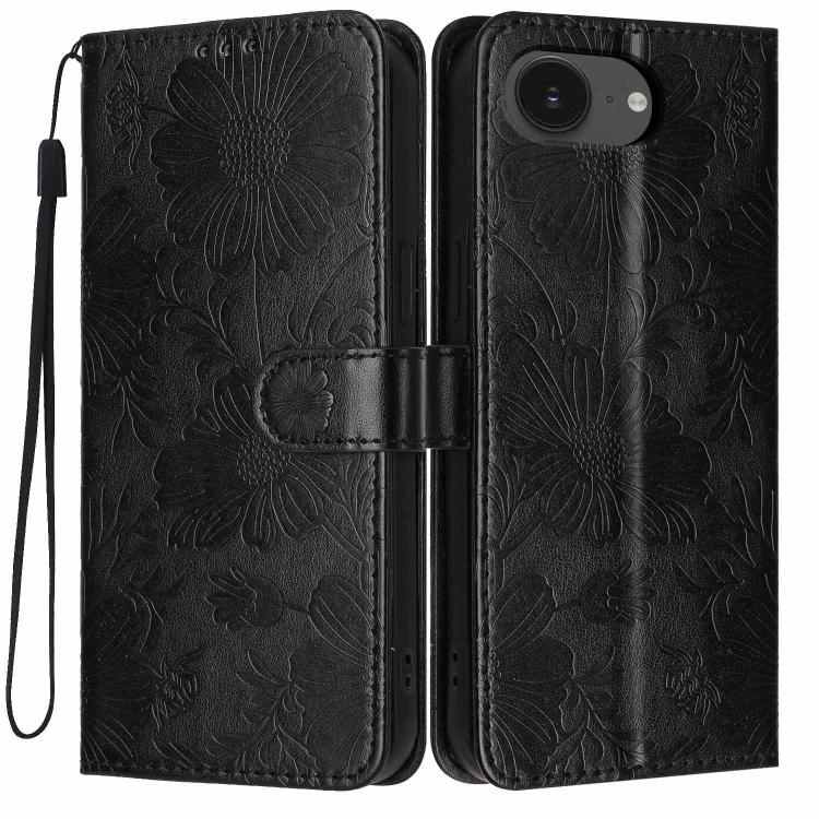 Funda de cuero para teléfono con relieve de girasol y cuerda negra pequeña, For iPhone 18 Pro, For iPhone 18 Pro Max, For iPhone 16e / 17e, For iPhone 17 Pro Max, For iPhone 17 Pro, For iPhone 17, For iPhone Air, For iPhone 16 Pro Max