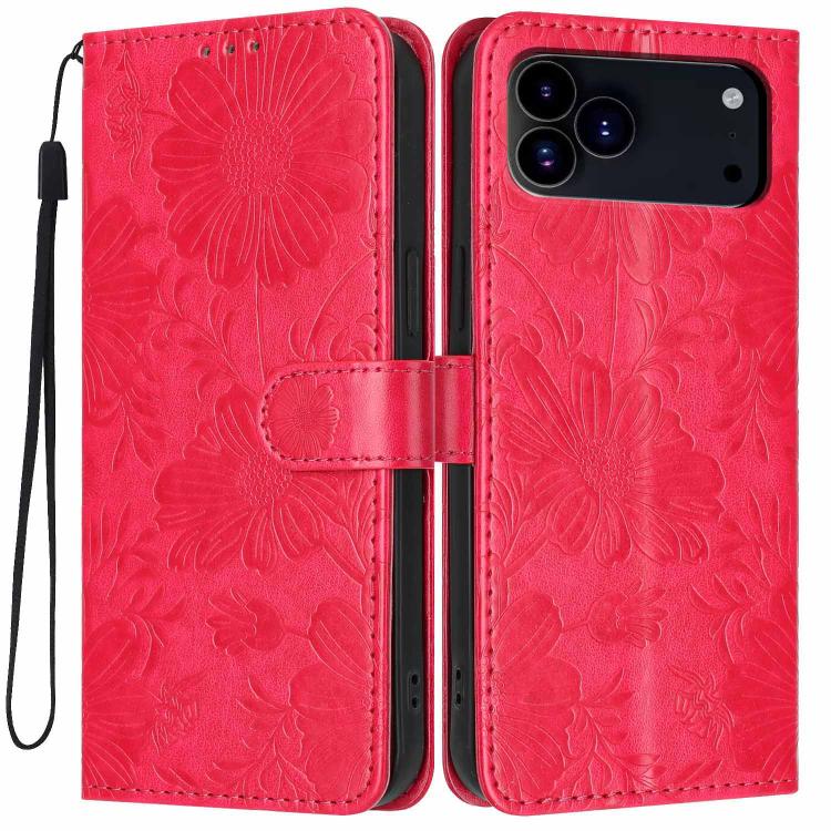 Funda de cuero para teléfono con relieve de girasol y cuerda negra pequeña, For iPhone 18 Pro, For iPhone 18 Pro Max, For iPhone 16e / 17e, For iPhone 17 Pro Max, For iPhone 17 Pro, For iPhone 17, For iPhone Air, For iPhone 16 Pro Max