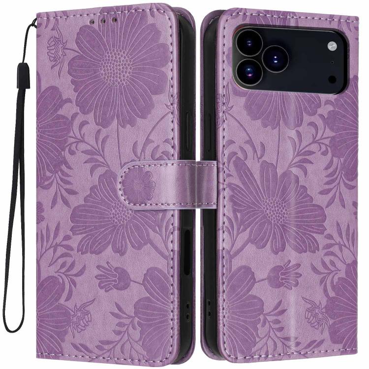 Funda de cuero para teléfono con relieve de girasol y cuerda negra pequeña, For iPhone 18 Pro, For iPhone 18 Pro Max, For iPhone 16e / 17e, For iPhone 17 Pro Max, For iPhone 17 Pro, For iPhone 17, For iPhone Air, For iPhone 16 Pro Max