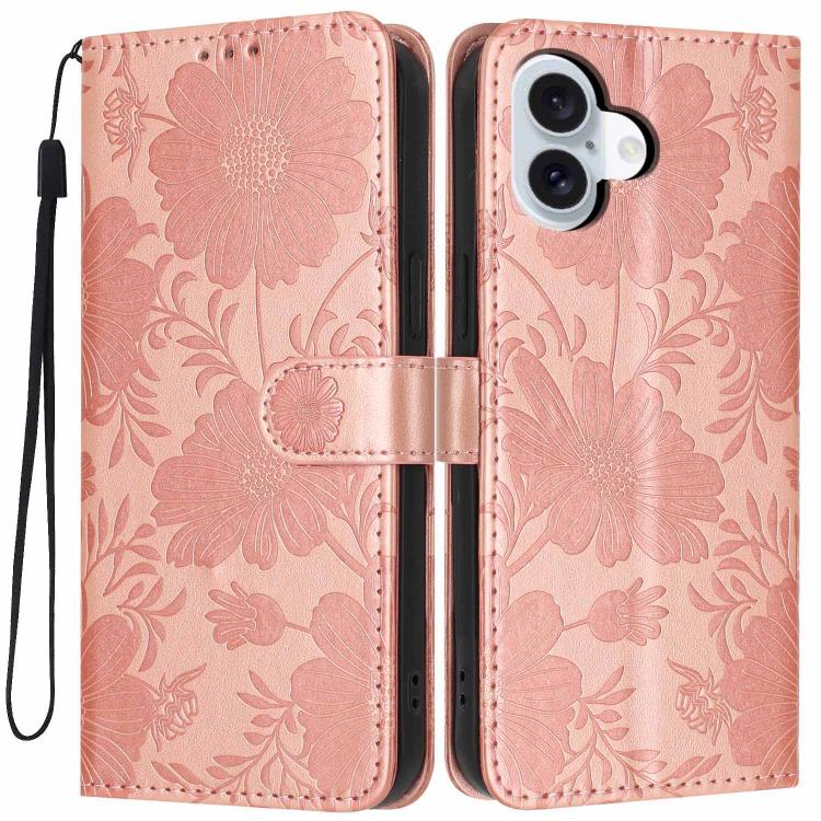 Funda de cuero para teléfono con relieve de girasol y cuerda negra pequeña, For iPhone 18 Pro, For iPhone 18 Pro Max, For iPhone 16e / 17e, For iPhone 17 Pro Max, For iPhone 17 Pro, For iPhone 17, For iPhone Air, For iPhone 16 Pro Max