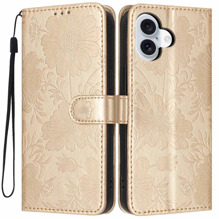 Funda de cuero para teléfono con relieve de girasol y cuerda negra pequeña, For iPhone 18 Pro, For iPhone 18 Pro Max, For iPhone 16e / 17e, For iPhone 17 Pro Max, For iPhone 17 Pro, For iPhone 17, For iPhone Air, For iPhone 16 Pro Max