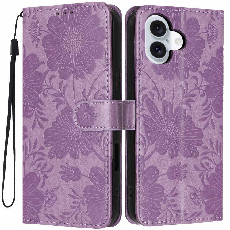 Funda de cuero para teléfono con relieve de girasol y cuerda negra pequeña, For iPhone 18 Pro, For iPhone 18 Pro Max, For iPhone 16e / 17e, For iPhone 17 Pro Max, For iPhone 17 Pro, For iPhone 17, For iPhone Air, For iPhone 16 Pro Max