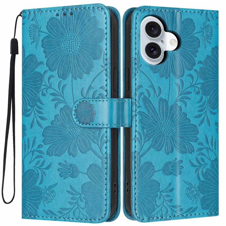 Funda de cuero para teléfono con relieve de girasol y cuerda negra pequeña, For iPhone 18 Pro, For iPhone 18 Pro Max, For iPhone 16e / 17e, For iPhone 17 Pro Max, For iPhone 17 Pro, For iPhone 17, For iPhone Air, For iPhone 16 Pro Max