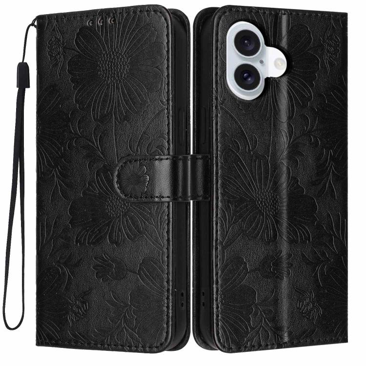 Funda de cuero para teléfono con relieve de girasol y cuerda negra pequeña, For iPhone 18 Pro, For iPhone 18 Pro Max, For iPhone 16e / 17e, For iPhone 17 Pro Max, For iPhone 17 Pro, For iPhone 17, For iPhone Air, For iPhone 16 Pro Max
