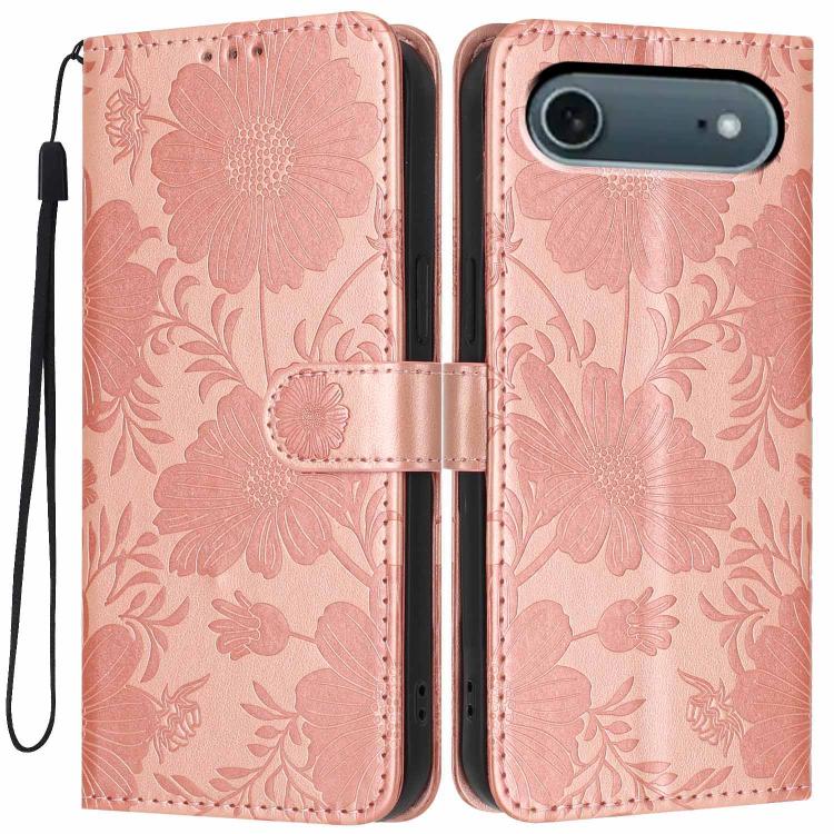 Funda de cuero para teléfono con relieve de girasol y cuerda negra pequeña, For iPhone 18 Pro, For iPhone 18 Pro Max, For iPhone 16e / 17e, For iPhone 17 Pro Max, For iPhone 17 Pro, For iPhone 17, For iPhone Air, For iPhone 16 Pro Max