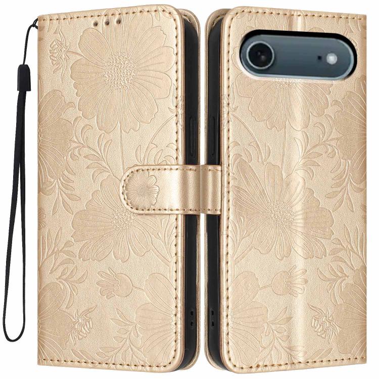 Funda de cuero para teléfono con relieve de girasol y cuerda negra pequeña, For iPhone 18 Pro, For iPhone 18 Pro Max, For iPhone 16e / 17e, For iPhone 17 Pro Max, For iPhone 17 Pro, For iPhone 17, For iPhone Air, For iPhone 16 Pro Max