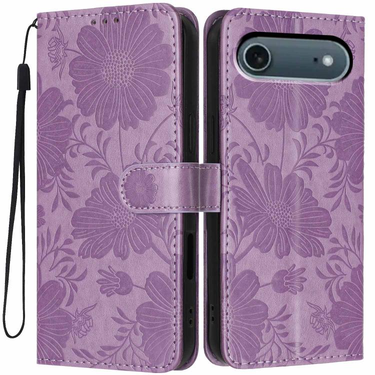 Funda de cuero para teléfono con relieve de girasol y cuerda negra pequeña, For iPhone 18 Pro, For iPhone 18 Pro Max, For iPhone 16e / 17e, For iPhone 17 Pro Max, For iPhone 17 Pro, For iPhone 17, For iPhone Air, For iPhone 16 Pro Max