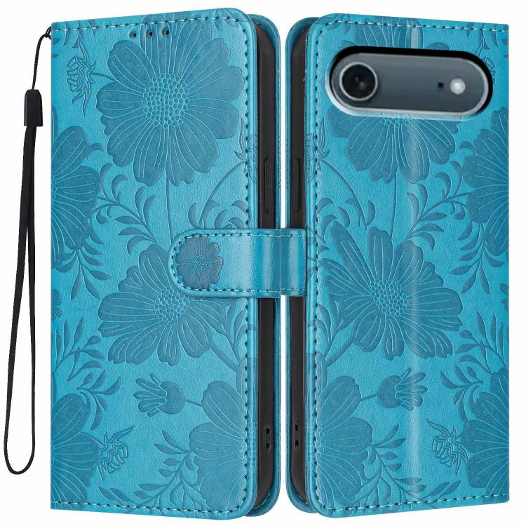 Funda de cuero para teléfono con relieve de girasol y cuerda negra pequeña, For iPhone 18 Pro, For iPhone 18 Pro Max, For iPhone 16e / 17e, For iPhone 17 Pro Max, For iPhone 17 Pro, For iPhone 17, For iPhone Air, For iPhone 16 Pro Max