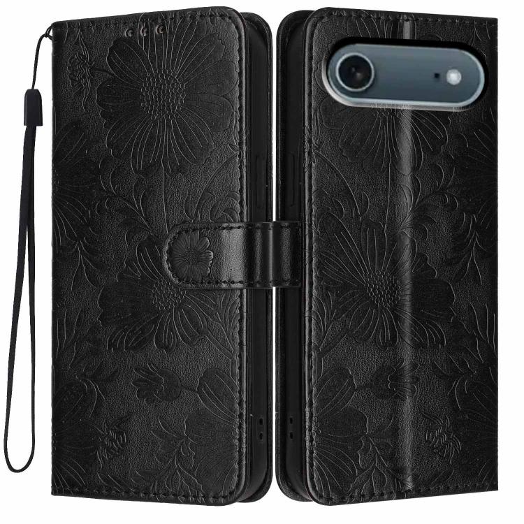 Funda de cuero para teléfono con relieve de girasol y cuerda negra pequeña, For iPhone 18 Pro, For iPhone 18 Pro Max, For iPhone 16e / 17e, For iPhone 17 Pro Max, For iPhone 17 Pro, For iPhone 17, For iPhone Air, For iPhone 16 Pro Max
