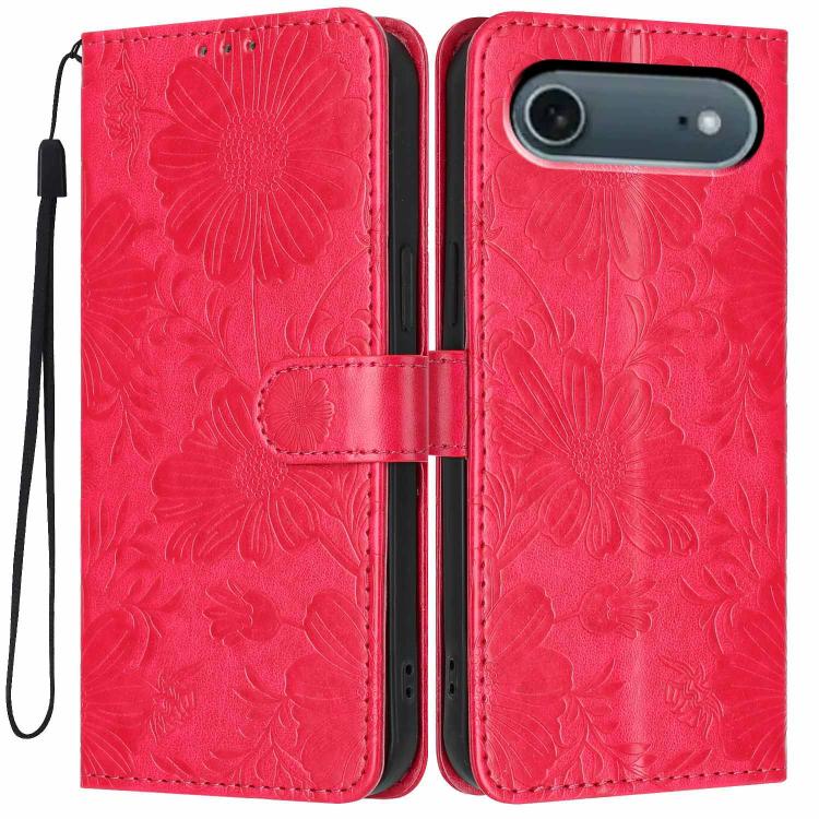 Funda de cuero para teléfono con relieve de girasol y cuerda negra pequeña, For iPhone 18 Pro, For iPhone 18 Pro Max, For iPhone 16e / 17e, For iPhone 17 Pro Max, For iPhone 17 Pro, For iPhone 17, For iPhone Air, For iPhone 16 Pro Max