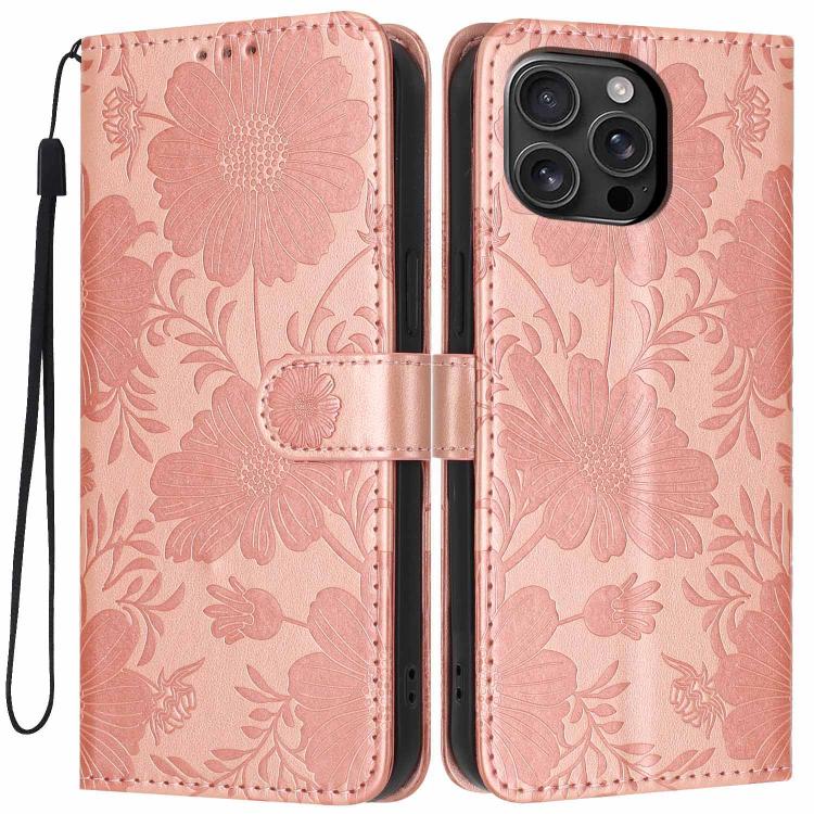 Funda de cuero para teléfono con relieve de girasol y cuerda negra pequeña, For iPhone 18 Pro, For iPhone 18 Pro Max, For iPhone 16e / 17e, For iPhone 17 Pro Max, For iPhone 17 Pro, For iPhone 17, For iPhone Air, For iPhone 16 Pro Max