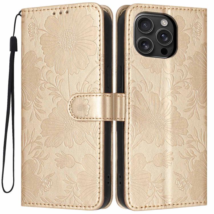 Funda de cuero para teléfono con relieve de girasol y cuerda negra pequeña, For iPhone 18 Pro, For iPhone 18 Pro Max, For iPhone 16e / 17e, For iPhone 17 Pro Max, For iPhone 17 Pro, For iPhone 17, For iPhone Air, For iPhone 16 Pro Max