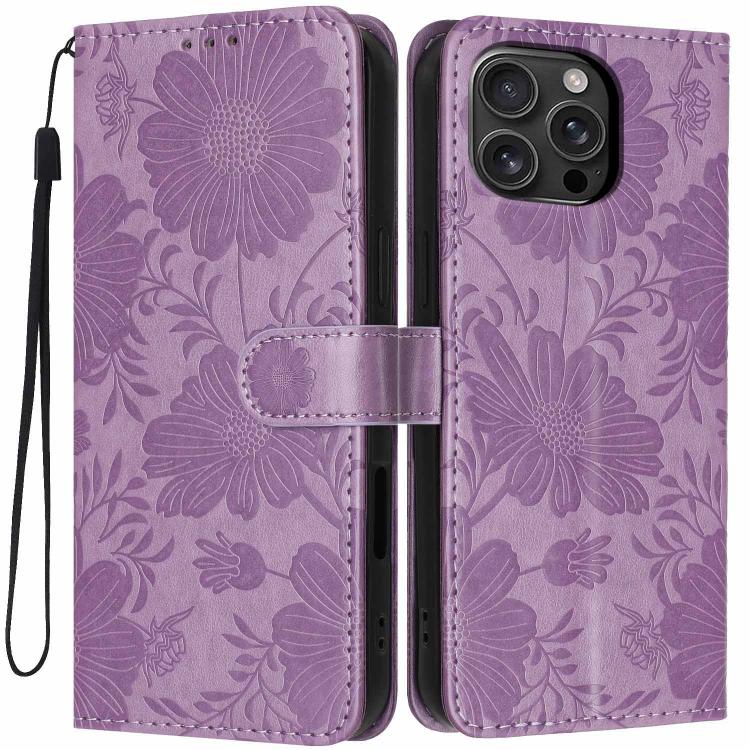 Funda de cuero para teléfono con relieve de girasol y cuerda negra pequeña, For iPhone 18 Pro, For iPhone 18 Pro Max, For iPhone 16e / 17e, For iPhone 17 Pro Max, For iPhone 17 Pro, For iPhone 17, For iPhone Air, For iPhone 16 Pro Max