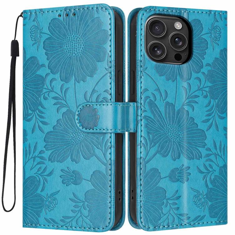 Funda de cuero para teléfono con relieve de girasol y cuerda negra pequeña, For iPhone 18 Pro, For iPhone 18 Pro Max, For iPhone 16e / 17e, For iPhone 17 Pro Max, For iPhone 17 Pro, For iPhone 17, For iPhone Air, For iPhone 16 Pro Max