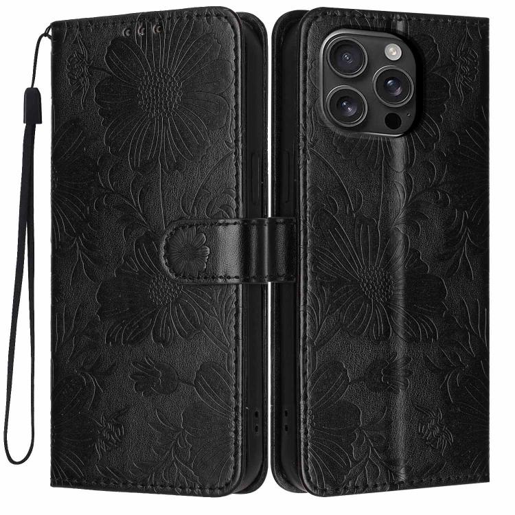 Funda de cuero para teléfono con relieve de girasol y cuerda negra pequeña, For iPhone 18 Pro, For iPhone 18 Pro Max, For iPhone 16e / 17e, For iPhone 17 Pro Max, For iPhone 17 Pro, For iPhone 17, For iPhone Air, For iPhone 16 Pro Max