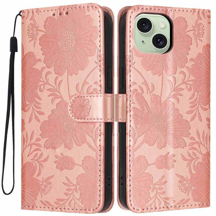 Funda de cuero para teléfono con relieve de girasol y cuerda negra pequeña, For iPhone 14, For iPhone 14 Pro, For iPhone 14 Pro Max, For iPhone 13 Pro Max, For iPhone 13 Pro, For iPhone 13, For iPhone 12 / 12 Pro, For iPhone 12 Pro Max
