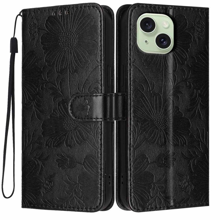 Funda de cuero para teléfono con relieve de girasol y cuerda negra pequeña, For iPhone 14, For iPhone 14 Pro, For iPhone 14 Pro Max, For iPhone 13 Pro Max, For iPhone 13 Pro, For iPhone 13, For iPhone 12 / 12 Pro, For iPhone 12 Pro Max