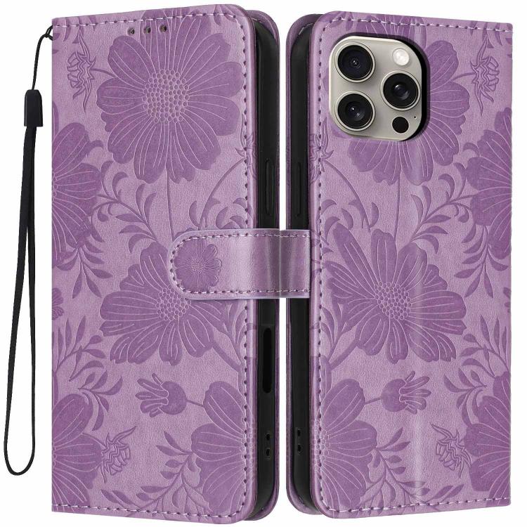 Funda de cuero para teléfono con relieve de girasol y cuerda negra pequeña, For iPhone 14, For iPhone 14 Pro, For iPhone 14 Pro Max, For iPhone 13 Pro Max, For iPhone 13 Pro, For iPhone 13, For iPhone 12 / 12 Pro, For iPhone 12 Pro Max