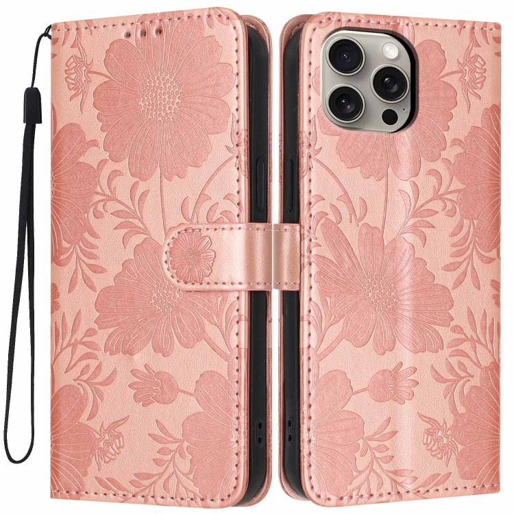 Funda de cuero para teléfono con relieve de girasol y cuerda negra pequeña, For iPhone 14, For iPhone 14 Pro, For iPhone 14 Pro Max, For iPhone 13 Pro Max, For iPhone 13 Pro, For iPhone 13, For iPhone 12 / 12 Pro, For iPhone 12 Pro Max