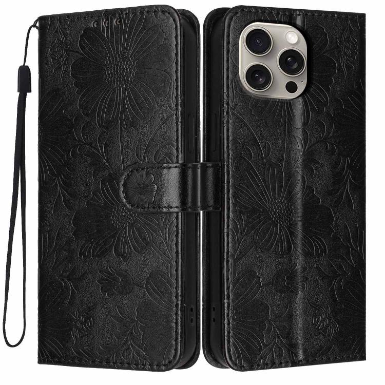 Funda de cuero para teléfono con relieve de girasol y cuerda negra pequeña, For iPhone 14, For iPhone 14 Pro, For iPhone 14 Pro Max, For iPhone 13 Pro Max, For iPhone 13 Pro, For iPhone 13, For iPhone 12 / 12 Pro, For iPhone 12 Pro Max