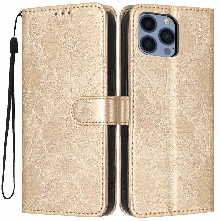 Funda de cuero para teléfono con relieve de girasol y cuerda negra pequeña, For iPhone 14, For iPhone 14 Pro, For iPhone 14 Pro Max, For iPhone 13 Pro Max, For iPhone 13 Pro, For iPhone 13, For iPhone 12 / 12 Pro, For iPhone 12 Pro Max