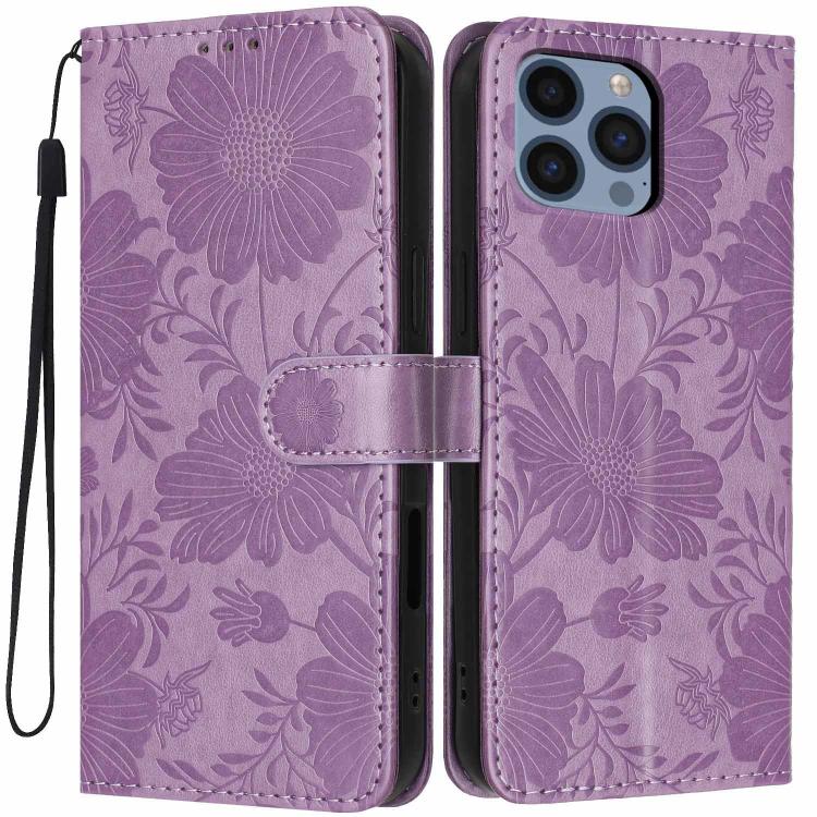 Funda de cuero para teléfono con relieve de girasol y cuerda negra pequeña, For iPhone 14, For iPhone 14 Pro, For iPhone 14 Pro Max, For iPhone 13 Pro Max, For iPhone 13 Pro, For iPhone 13, For iPhone 12 / 12 Pro, For iPhone 12 Pro Max