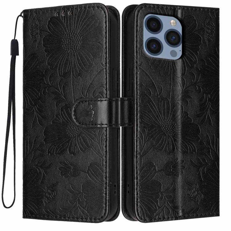 Funda de cuero para teléfono con relieve de girasol y cuerda negra pequeña, For iPhone 14, For iPhone 14 Pro, For iPhone 14 Pro Max, For iPhone 13 Pro Max, For iPhone 13 Pro, For iPhone 13, For iPhone 12 / 12 Pro, For iPhone 12 Pro Max