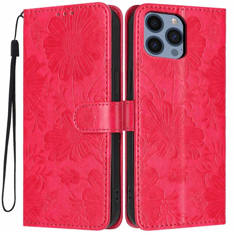 Funda de cuero para teléfono con relieve de girasol y cuerda negra pequeña, For iPhone 14, For iPhone 14 Pro, For iPhone 14 Pro Max, For iPhone 13 Pro Max, For iPhone 13 Pro, For iPhone 13, For iPhone 12 / 12 Pro, For iPhone 12 Pro Max