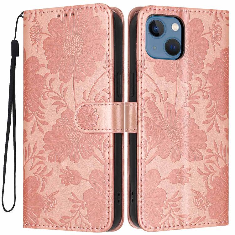 Funda de cuero para teléfono con relieve de girasol y cuerda negra pequeña, For iPhone 14, For iPhone 14 Pro, For iPhone 14 Pro Max, For iPhone 13 Pro Max, For iPhone 13 Pro, For iPhone 13, For iPhone 12 / 12 Pro, For iPhone 12 Pro Max