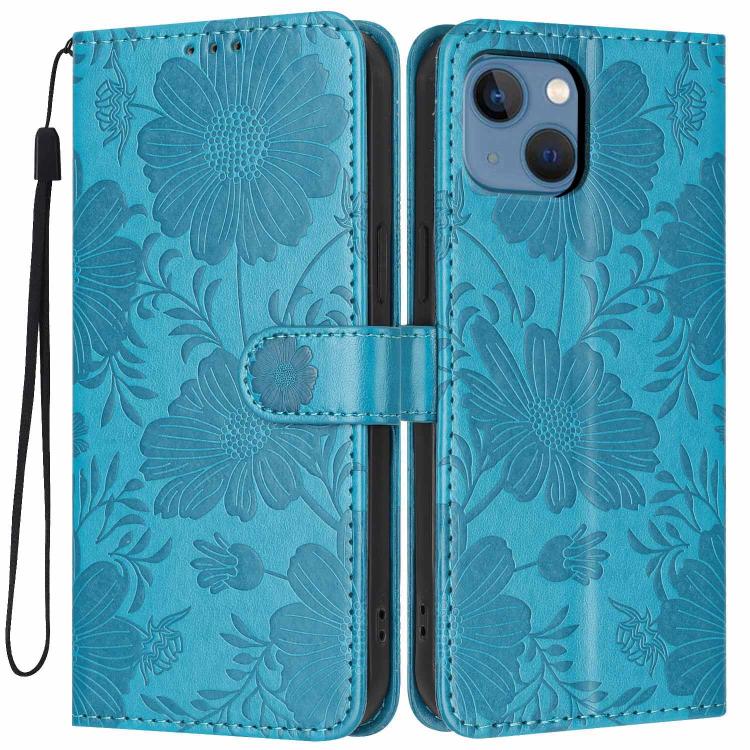 Funda de cuero para teléfono con relieve de girasol y cuerda negra pequeña, For iPhone 14, For iPhone 14 Pro, For iPhone 14 Pro Max, For iPhone 13 Pro Max, For iPhone 13 Pro, For iPhone 13, For iPhone 12 / 12 Pro, For iPhone 12 Pro Max