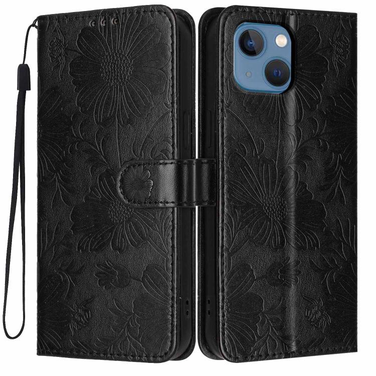 Funda de cuero para teléfono con relieve de girasol y cuerda negra pequeña, For iPhone 14, For iPhone 14 Pro, For iPhone 14 Pro Max, For iPhone 13 Pro Max, For iPhone 13 Pro, For iPhone 13, For iPhone 12 / 12 Pro, For iPhone 12 Pro Max