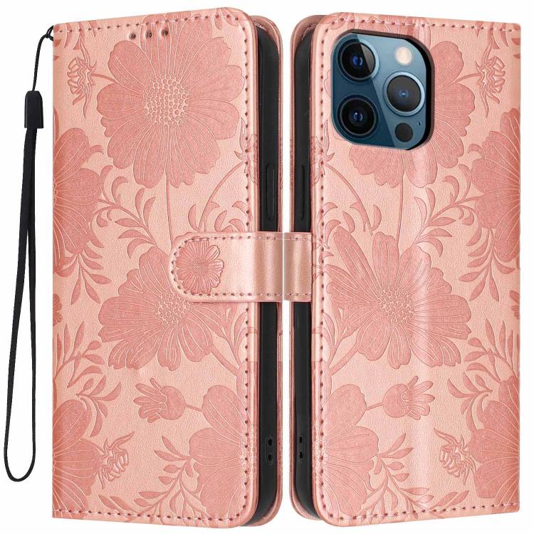 Funda de cuero para teléfono con relieve de girasol y cuerda negra pequeña, For iPhone 14, For iPhone 14 Pro, For iPhone 14 Pro Max, For iPhone 13 Pro Max, For iPhone 13 Pro, For iPhone 13, For iPhone 12 / 12 Pro, For iPhone 12 Pro Max