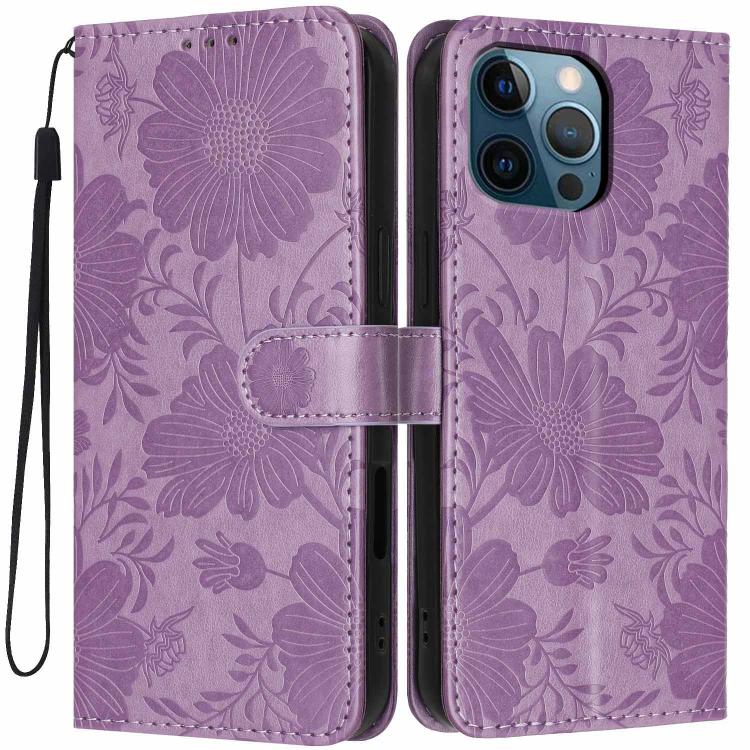 Funda de cuero para teléfono con relieve de girasol y cuerda negra pequeña, For iPhone 14, For iPhone 14 Pro, For iPhone 14 Pro Max, For iPhone 13 Pro Max, For iPhone 13 Pro, For iPhone 13, For iPhone 12 / 12 Pro, For iPhone 12 Pro Max
