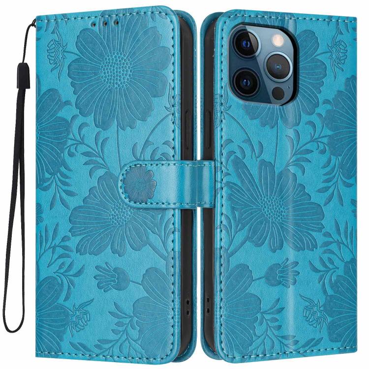 Funda de cuero para teléfono con relieve de girasol y cuerda negra pequeña, For iPhone 14, For iPhone 14 Pro, For iPhone 14 Pro Max, For iPhone 13 Pro Max, For iPhone 13 Pro, For iPhone 13, For iPhone 12 / 12 Pro, For iPhone 12 Pro Max