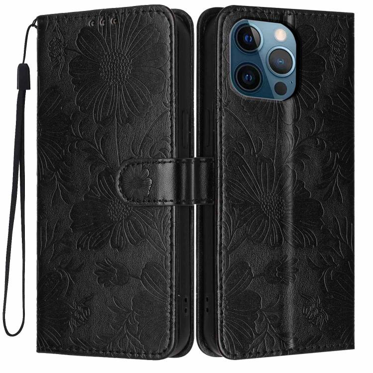 Funda de cuero para teléfono con relieve de girasol y cuerda negra pequeña, For iPhone 14, For iPhone 14 Pro, For iPhone 14 Pro Max, For iPhone 13 Pro Max, For iPhone 13 Pro, For iPhone 13, For iPhone 12 / 12 Pro, For iPhone 12 Pro Max