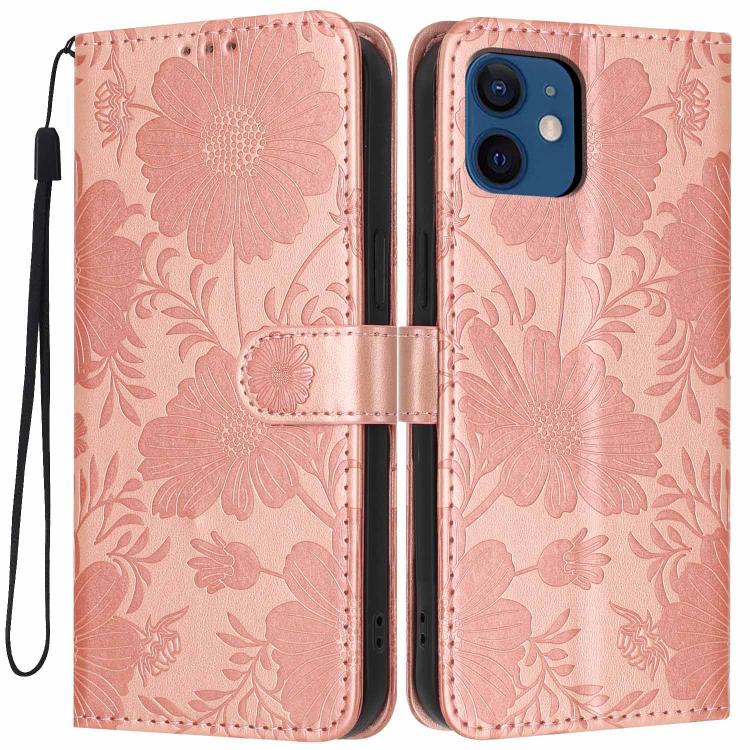 Funda de cuero para teléfono con relieve de girasol y cuerda negra pequeña, For iPhone 14, For iPhone 14 Pro, For iPhone 14 Pro Max, For iPhone 13 Pro Max, For iPhone 13 Pro, For iPhone 13, For iPhone 12 / 12 Pro, For iPhone 12 Pro Max