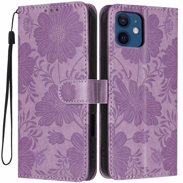 Funda de cuero para teléfono con relieve de girasol y cuerda negra pequeña, For iPhone 14, For iPhone 14 Pro, For iPhone 14 Pro Max, For iPhone 13 Pro Max, For iPhone 13 Pro, For iPhone 13, For iPhone 12 / 12 Pro, For iPhone 12 Pro Max