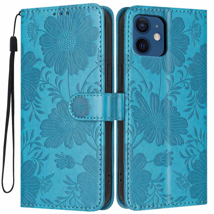 Funda de cuero para teléfono con relieve de girasol y cuerda negra pequeña, For iPhone 14, For iPhone 14 Pro, For iPhone 14 Pro Max, For iPhone 13 Pro Max, For iPhone 13 Pro, For iPhone 13, For iPhone 12 / 12 Pro, For iPhone 12 Pro Max