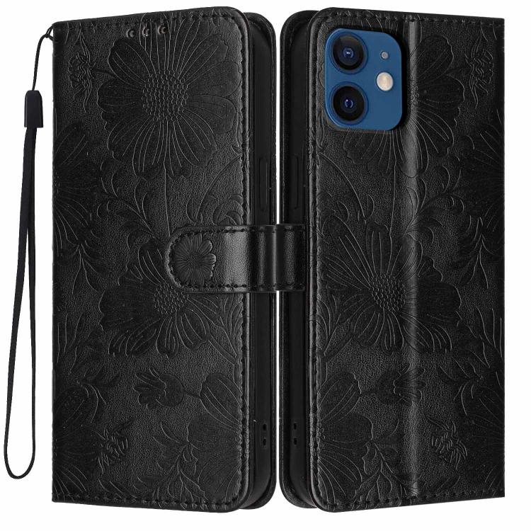 Funda de cuero para teléfono con relieve de girasol y cuerda negra pequeña, For iPhone 14, For iPhone 14 Pro, For iPhone 14 Pro Max, For iPhone 13 Pro Max, For iPhone 13 Pro, For iPhone 13, For iPhone 12 / 12 Pro, For iPhone 12 Pro Max