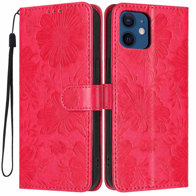 Funda de cuero para teléfono con relieve de girasol y cuerda negra pequeña, For iPhone 14, For iPhone 14 Pro, For iPhone 14 Pro Max, For iPhone 13 Pro Max, For iPhone 13 Pro, For iPhone 13, For iPhone 12 / 12 Pro, For iPhone 12 Pro Max