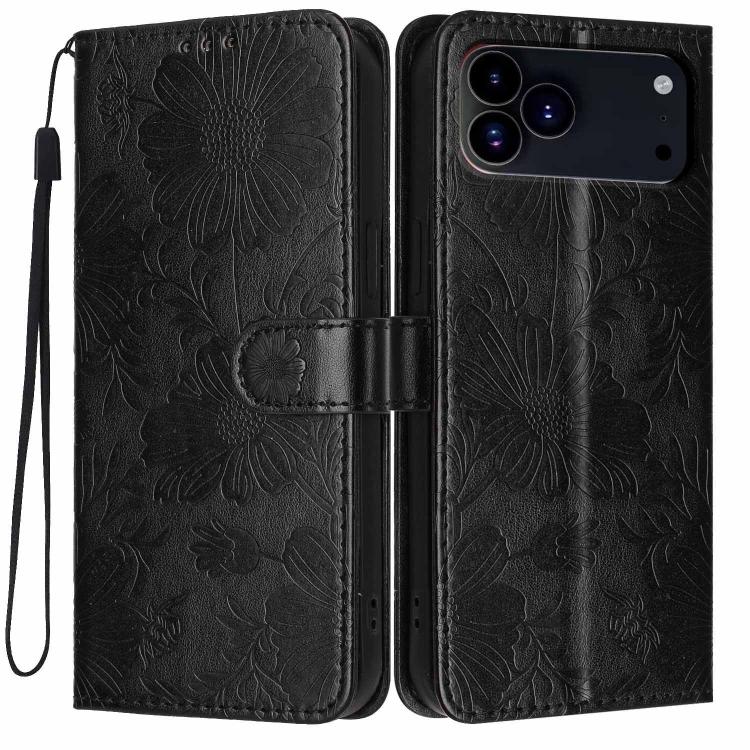 Funda de cuero para teléfono con relieve de girasol y cuerda negra pequeña, For iPhone 18 Pro, For iPhone 18 Pro Max, For iPhone 16e / 17e, For iPhone 17 Pro Max, For iPhone 17 Pro, For iPhone 17, For iPhone Air, For iPhone 16 Pro Max