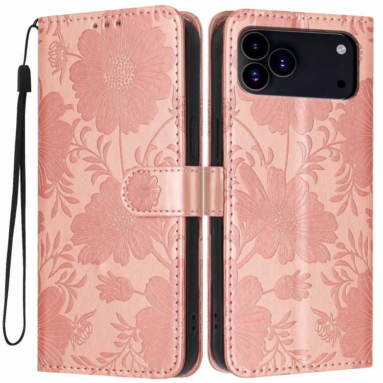 Funda de cuero para teléfono con relieve de girasol y cuerda negra pequeña, For iPhone 18 Pro, For iPhone 18 Pro Max, For iPhone 16e / 17e, For iPhone 17 Pro Max, For iPhone 17 Pro, For iPhone 17, For iPhone Air, For iPhone 16 Pro Max
